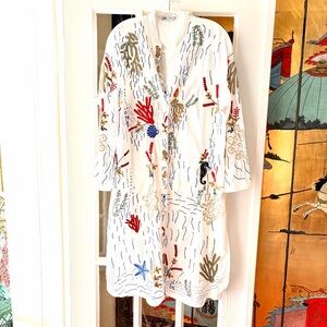 Zara Colorful Embroidered Sea Life White Kaftan SZ M Shirt Dress Sheer Midi